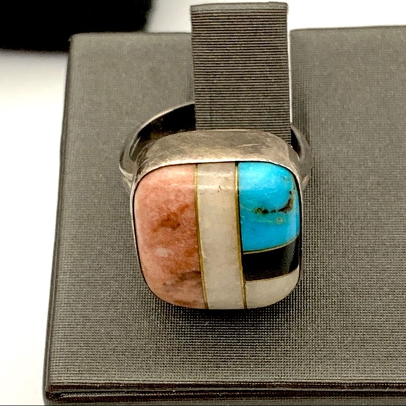 Native American Multi Gem Sterling Silver Ring Sz6 - Picture 7 of 9